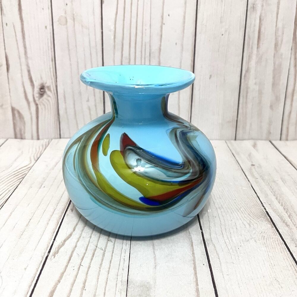 Hand Blown Art Glass Vase Turquoise Blue Multicolor Swirl Studio Glass 5”